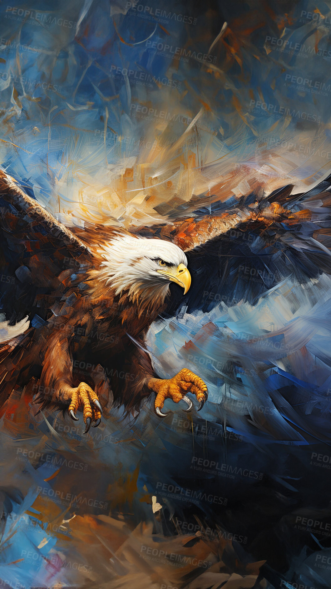 Buy stock photo Majestic eagle, vibrant and dynamic. Wings spread wide, adorned with vivid painting strokes. A symbol of freedom and power, perfect for decor, prints and creative expressions. Against an abstract backdrop of creative energy.