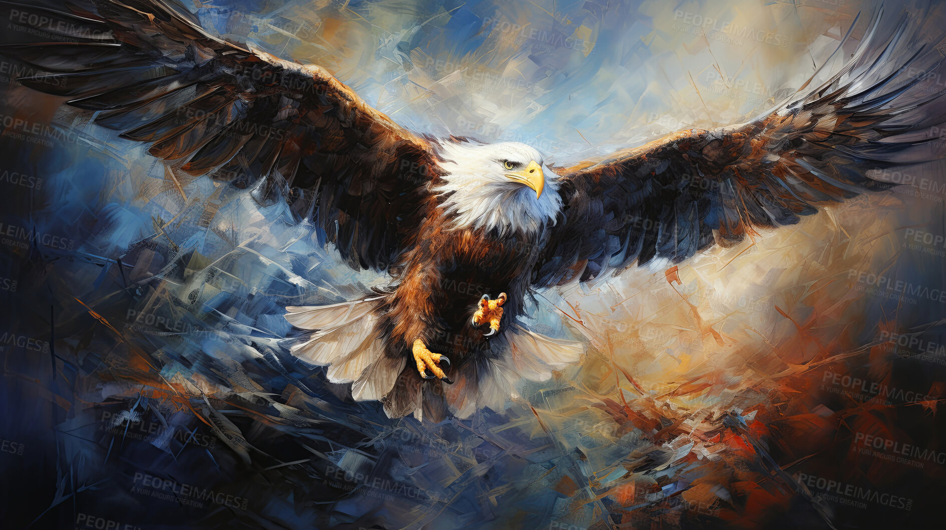 Buy stock photo Majestic eagle, vibrant and dynamic. Wings spread wide, adorned with vivid painting strokes. A symbol of freedom and power, perfect for decor, prints and creative expressions. Against an abstract backdrop of creative energy.