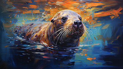 Sea lion, vibrant and lively, with whiskers detailed in vivid strokes. A marine symbol of grace and charm, ideal for decor, prints and creative expressions. Against an abstract backdrop of aquatic allure and artistic beauty.
