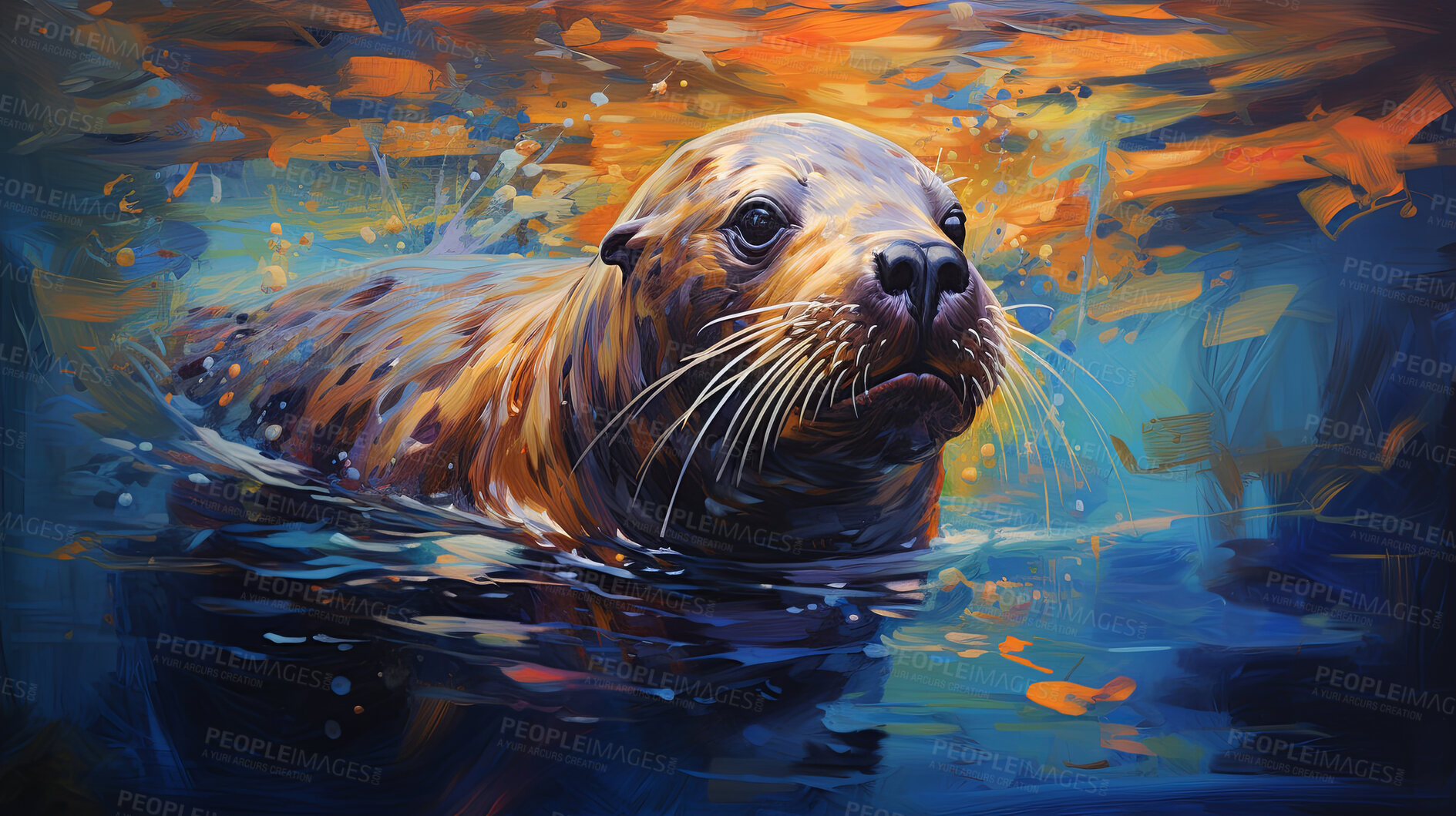 Buy stock photo Sea lion, vibrant and lively, with whiskers detailed in vivid strokes. A marine symbol of grace and charm, ideal for decor, prints and creative expressions. Against an abstract backdrop of aquatic allure and artistic beauty.