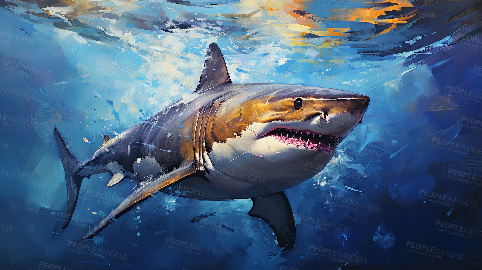 Buy stock photo Wild shark, lively and expressive artwork. Vibrant, ocean-inspired painting for decor, prints and creative expressions. On a dynamic canvas with a touch of untamed aquatic allure.