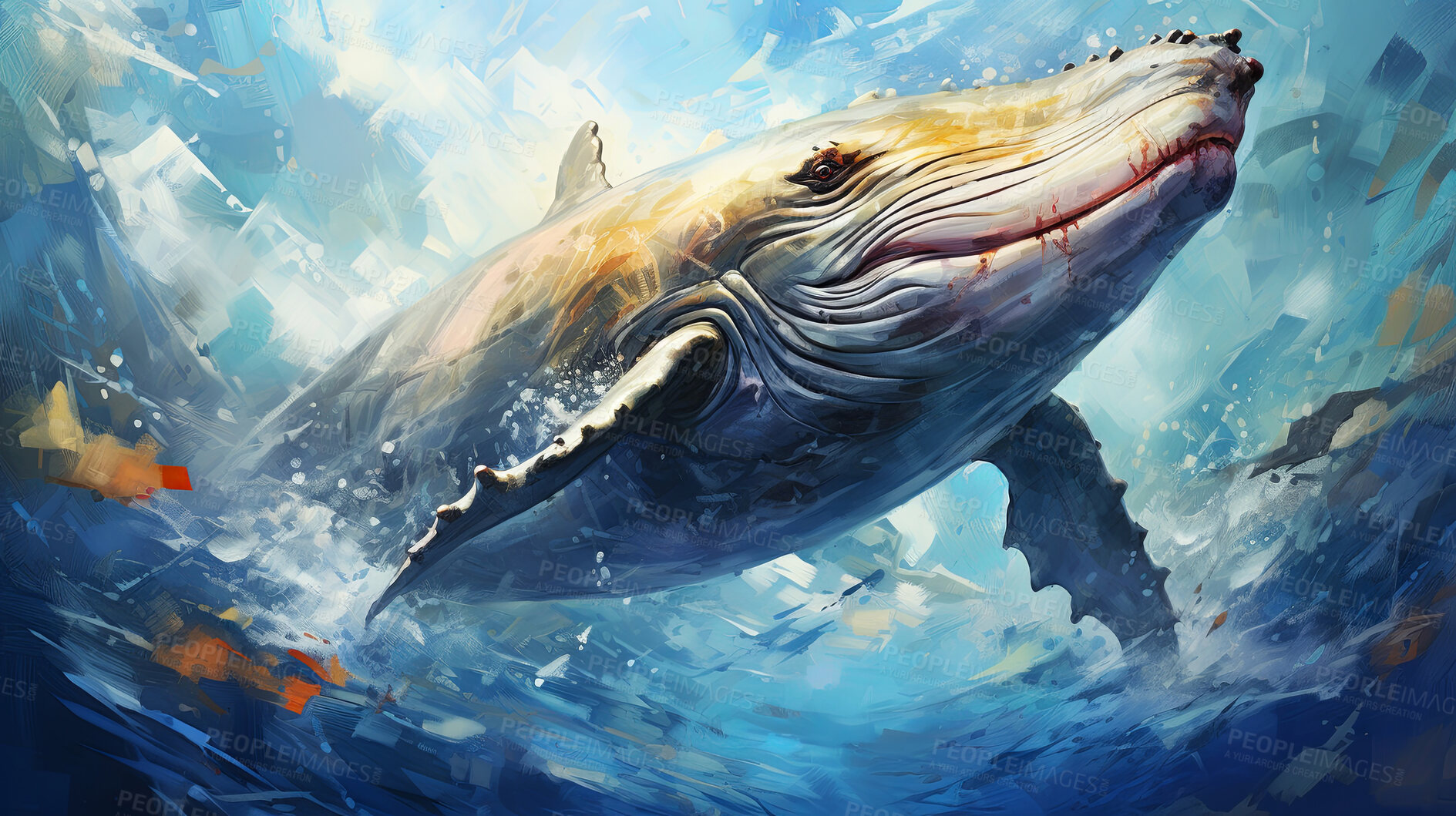 Buy stock photo Majestic whale, vibrant and expressive painting. Colorful, energetic and ocean-inspired artwork for decor, prints and creative expressions. On a dynamic canvas with a touch of marine splendor.