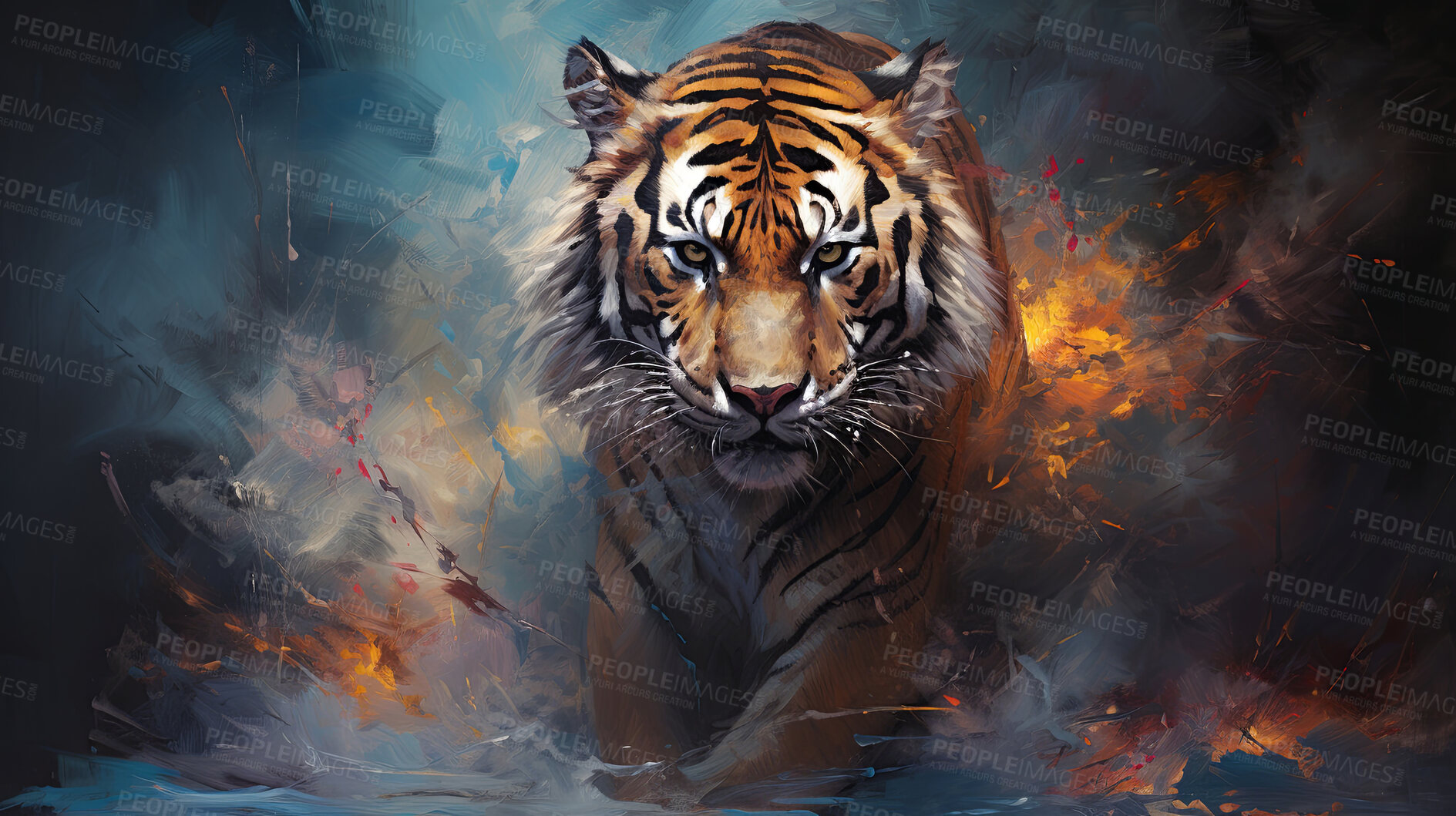 Buy stock photo Wild tiger, vibrant and expressive painting. Colorful, energetic and nature-inspired art for decor, prints and creative expressions. On a dynamic canvas with a touch of untamed beauty.