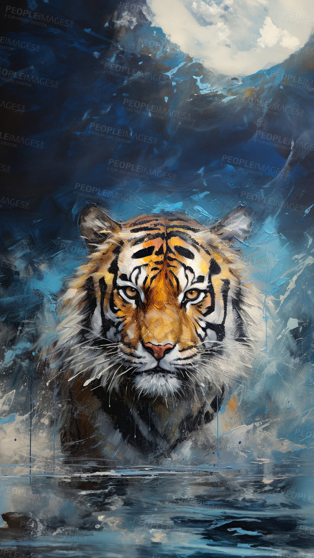 Buy stock photo Wild tiger, vibrant and expressive painting. Colorful, energetic and nature-inspired art for decor, prints and creative expressions. On a dynamic canvas with a touch of untamed beauty.