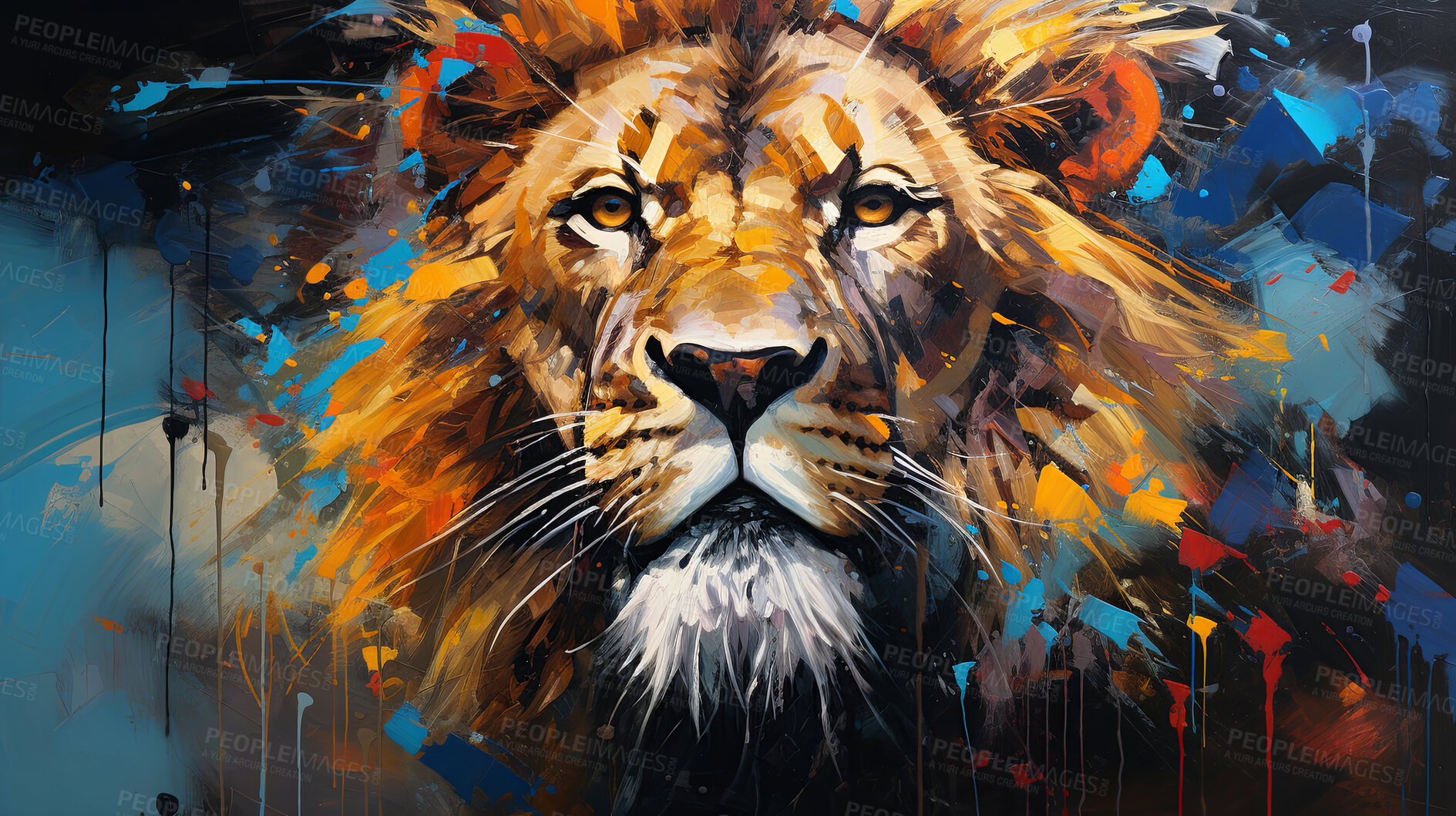 Buy stock photo Powerful lion, regal and majestic, embellished with vibrant painting strokes and graffiti. Golden-maned, wild and untamed. A symbol of strength and pride, perfect for decor, prints and creative expressions. Against an abstract backdrop of dynamic energy.