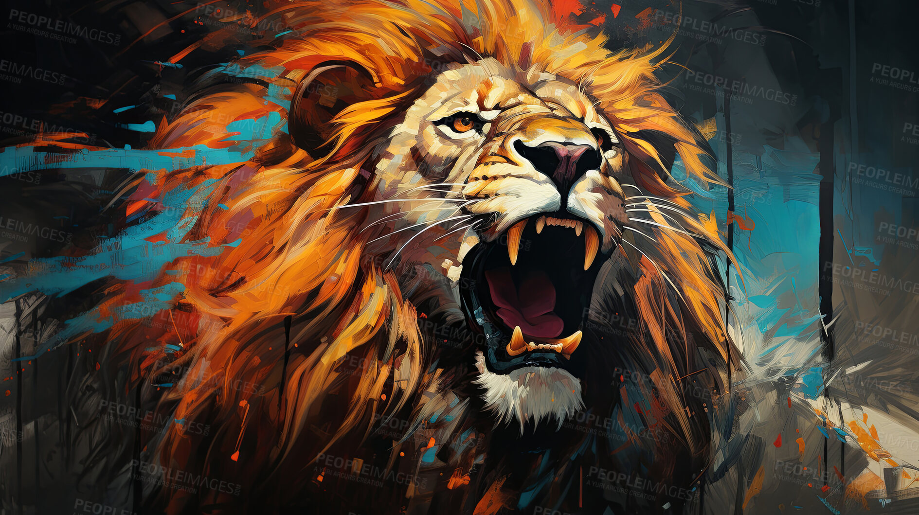 Buy stock photo Powerful lion, regal and majestic, embellished with vibrant painting strokes and graffiti. Golden-maned, wild and untamed. A symbol of strength and pride, perfect for decor, prints and creative expressions. Against an abstract backdrop of dynamic energy.