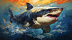 Wild shark, lively and expressive artwork. Vibrant, ocean-inspired painting for decor, prints and creative expressions. On a dynamic canvas with a touch of untamed aquatic allure.