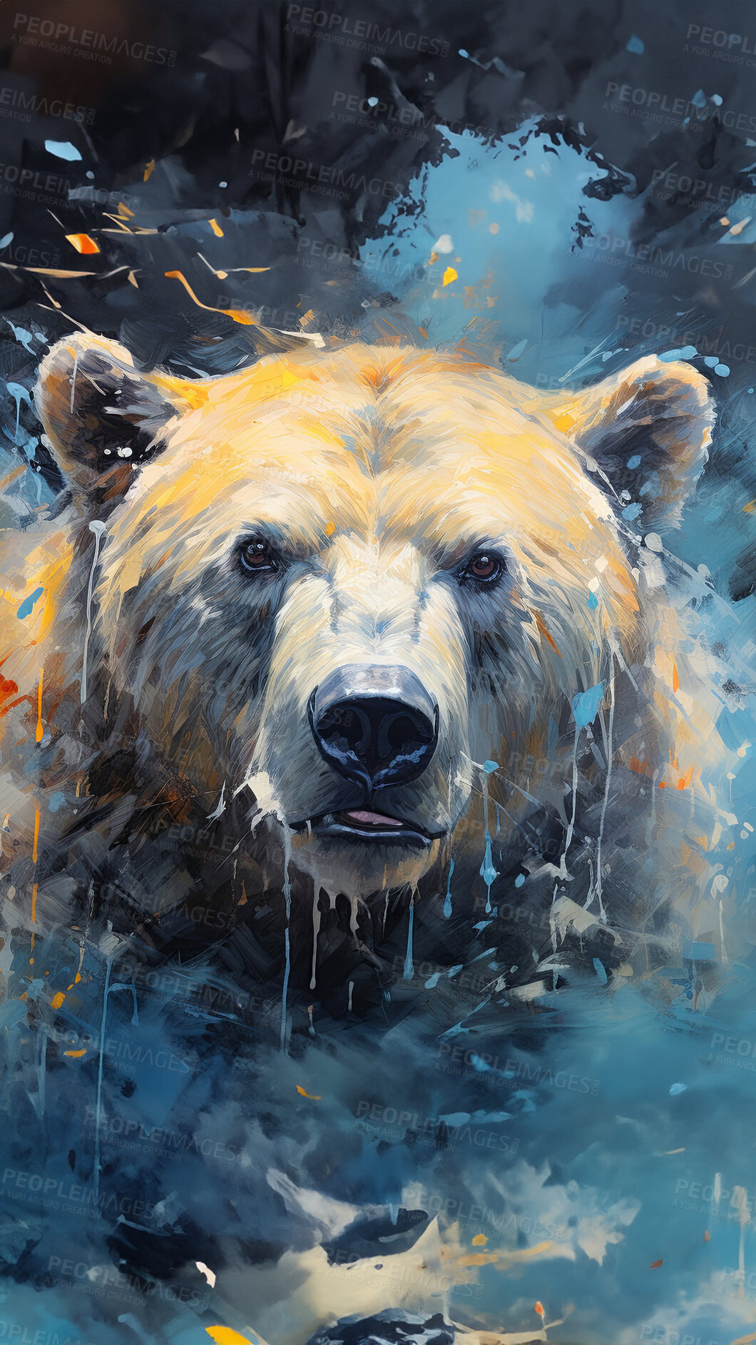 Buy stock photo Grizzly bear, expressive painting, wild and colorful. Energetic, nature-inspired art for decor, prints and creative expressions. On a dynamic canvas with a touch of untamed beauty.