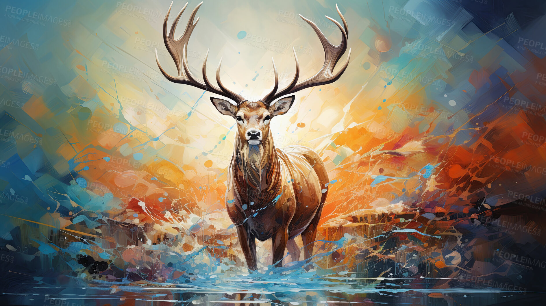 Buy stock photo Vibrant deer, expressive painting, wild and colorful. Energetic, nature-inspired art for decor, prints and creative expressions. On a dynamic canvas with a touch of untamed beauty.