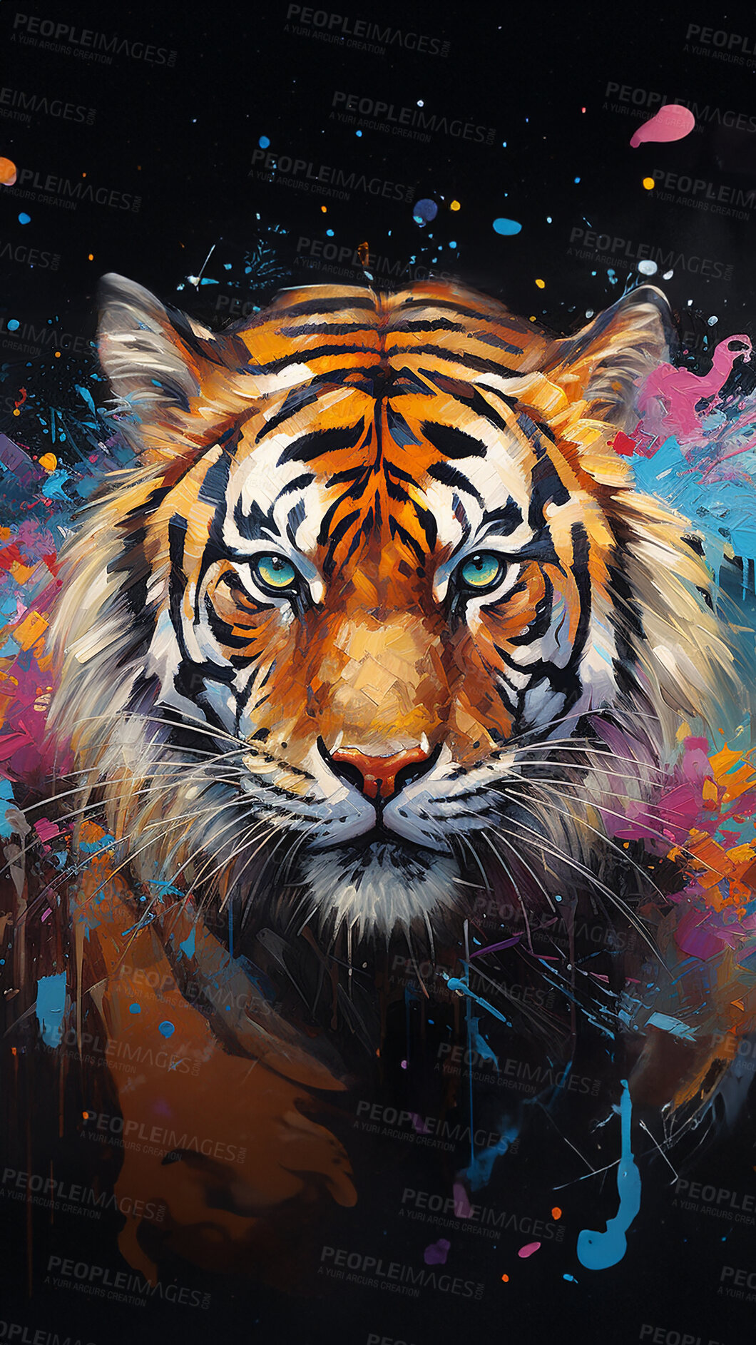 Buy stock photo Wild tiger, vibrant and expressive painting. Colorful, energetic and nature-inspired art for decor, prints and creative expressions. On a dynamic canvas with a touch of untamed beauty.