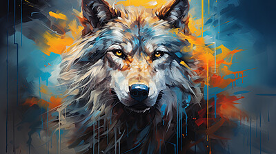 Vibrant wolf, expressive painting, wild and colorful. Energetic, nature-inspired art for decor, prints and creative expressions. On a dynamic canvas with a touch of untamed beauty.