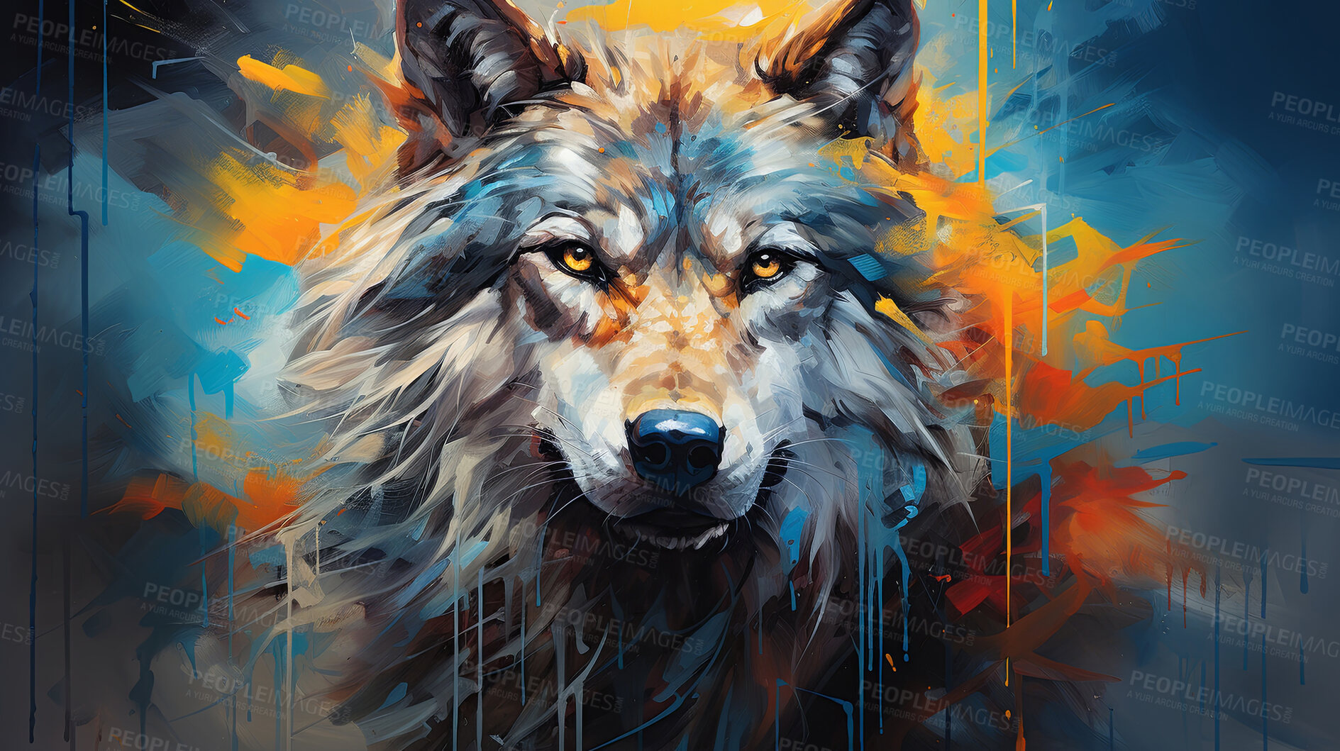 Buy stock photo Vibrant wolf, expressive painting, wild and colorful. Energetic, nature-inspired art for decor, prints and creative expressions. On a dynamic canvas with a touch of untamed beauty.