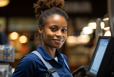 Black woman, cashier and portrait with cash register for management, small business or leadership. Positive, confident and proud for retail, shop and service industry with grocery store background