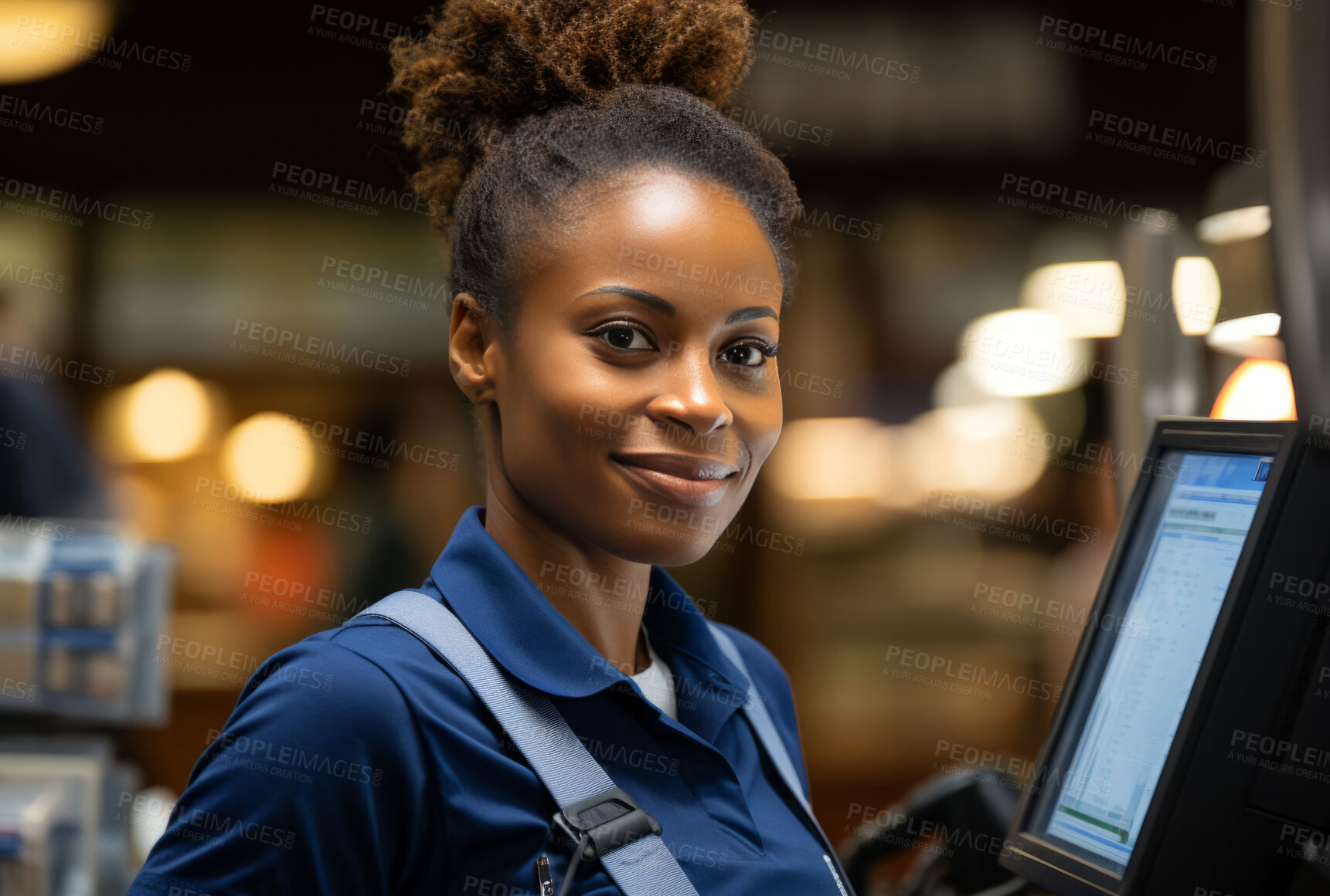 Buy stock photo Black woman, cashier and portrait with cash register for management, small business or leadership. Positive, confident and proud for retail, shop and service industry with grocery store background