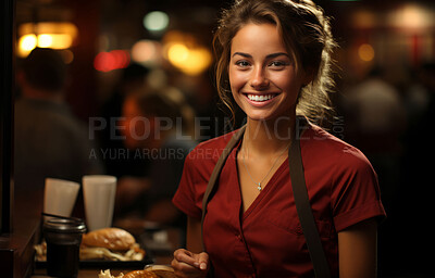 Woman, entrepreneur and portrait with food for management, small business or leadership. Positive, confident and proud for retail, restaurant and service industry with apron and fine dining