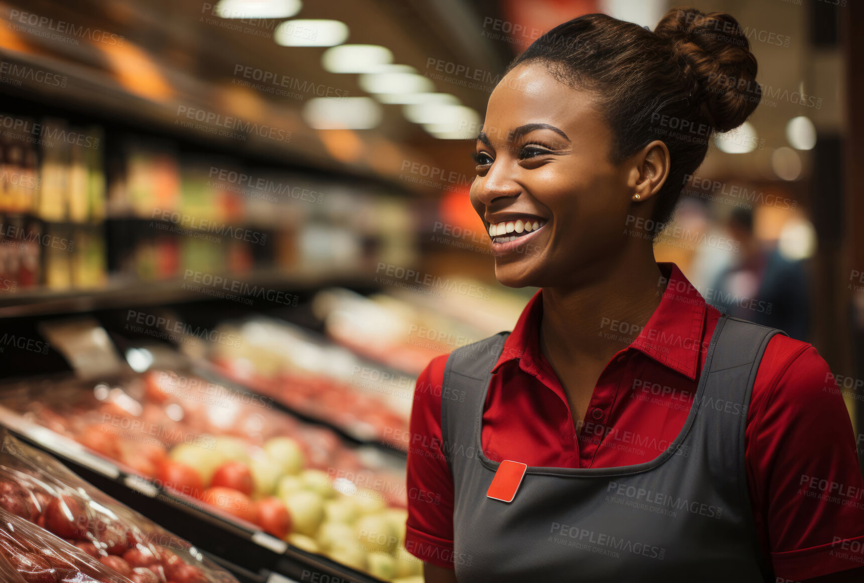 Buy stock photo Happy woman, worker and portrait with smile for management, small business or casino staff. Positive, confident and proud person for retail, restaurant and service industry with evening lights