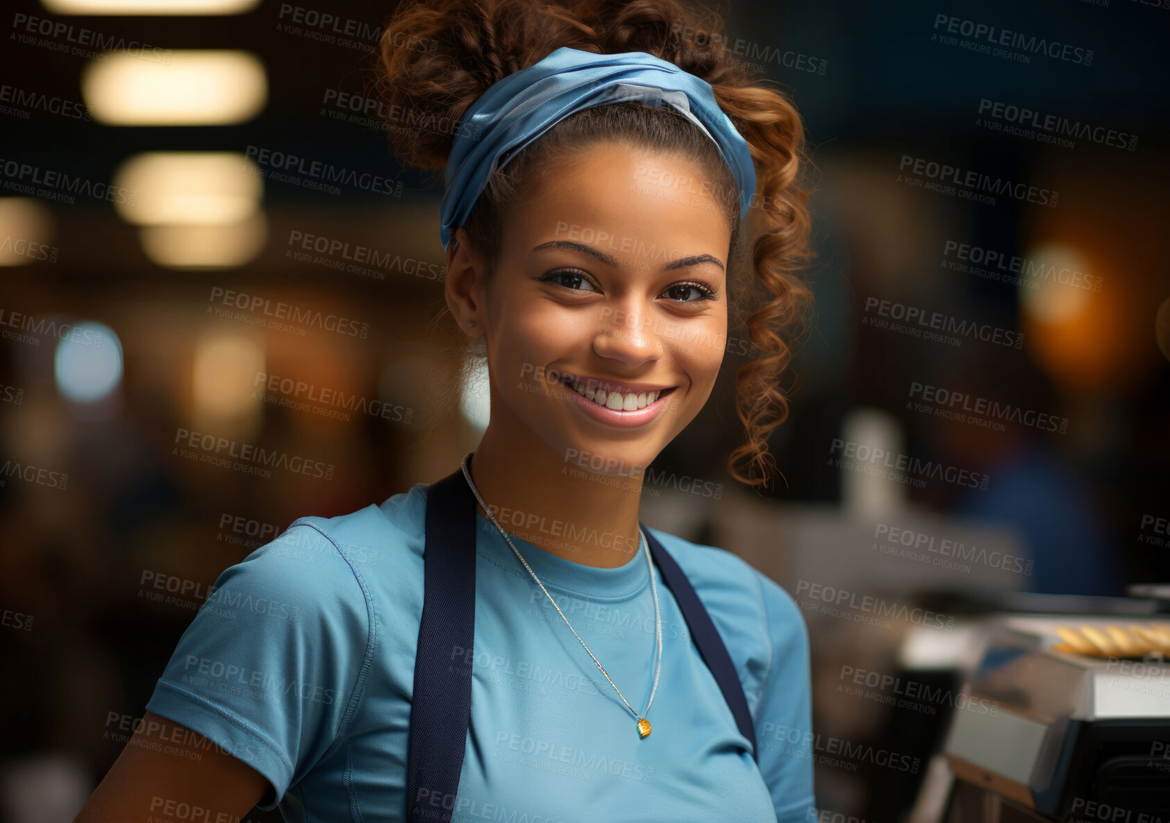 Buy stock photo Woman, entrepreneur and portrait with cash register for management, small business or leadership. Positive, confident and proud for retail, shop and service industry with grocery store background