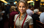 Happy woman, worker and portrait with smile for management, small business or casino staff. Positive, confident and proud person for retail, restaurant and service industry with evening lights