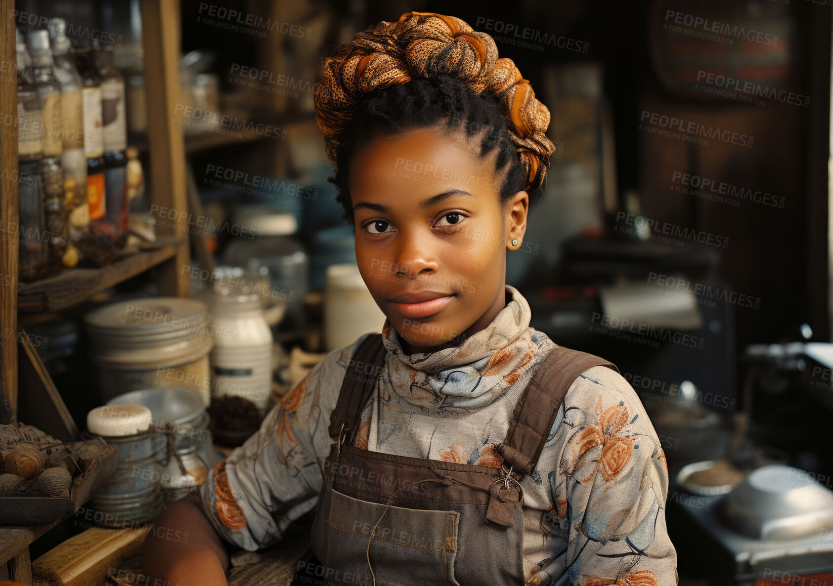 Buy stock photo Black woman, entrepreneur and portrait with cash register for management, small business or leadership. Positive, confident and proud for retail, shop and service industry with grocery store background