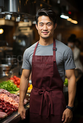 Asian man, entrepreneur and portrait with cash register for management, small business or leadership. Positive, confident and proud for retail, shop and service industry with grocery store background