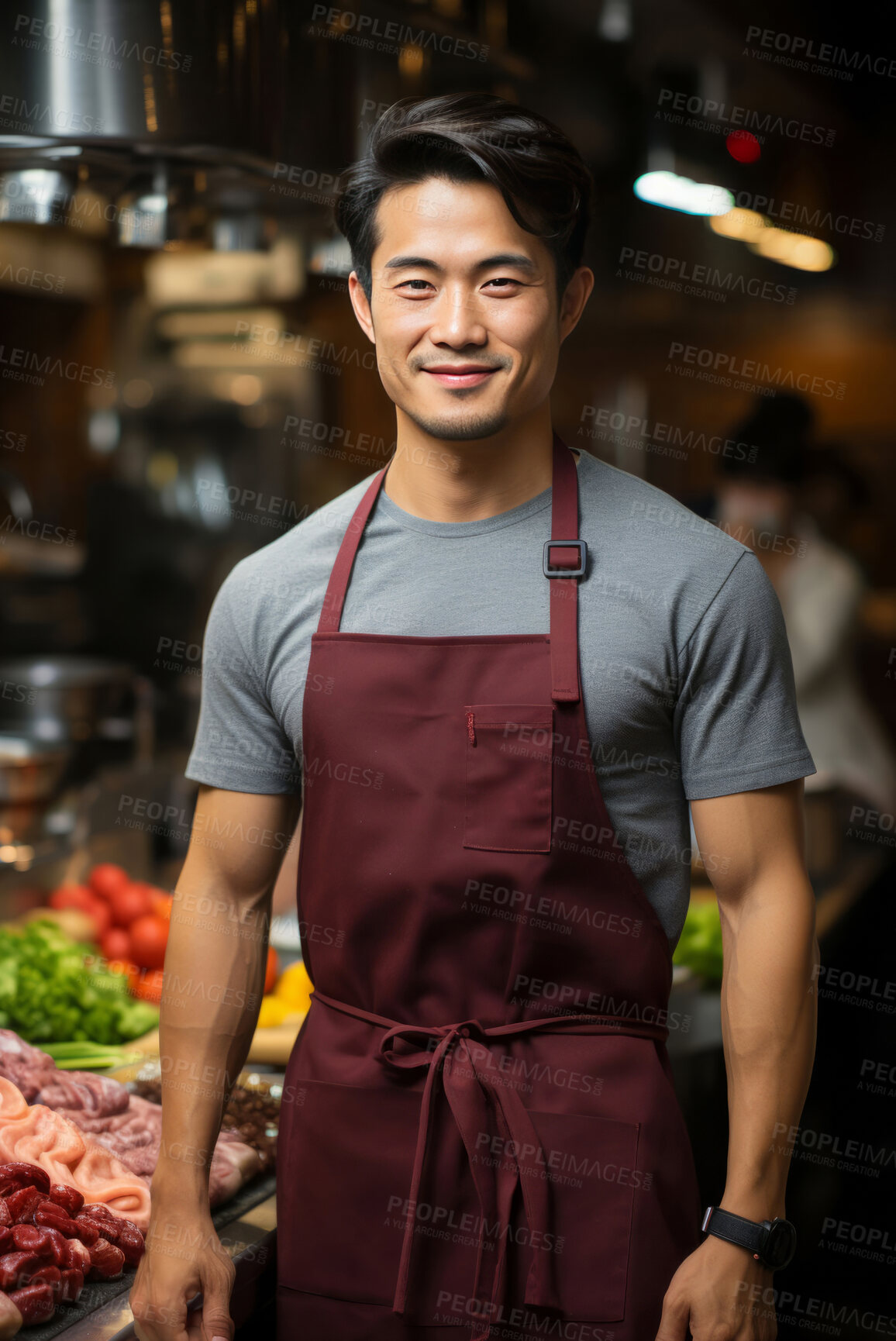 Buy stock photo Asian man, entrepreneur and portrait with cash register for management, small business or leadership. Positive, confident and proud for retail, shop and service industry with grocery store background