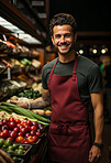 Man, entrepreneur and portrait with cash register for management, small business or leadership. Positive, confident and proud for retail, shop and service industry with grocery store background