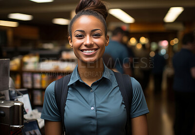 Woman, entrepreneur and portrait with cash register for management, small business or leadership. Positive, confident and proud for retail, shop and service industry with pharmacy background
