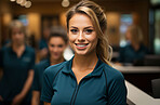 Happy woman, worker and portrait with smile for management, small business or Gym staff. Positive, confident and proud person for athletics, sports and service industry with evening lights