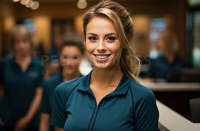 Happy woman, worker and portrait with smile for management, small business or Gym staff. Positive, confident and proud person for athletics, sports and service industry with evening lights