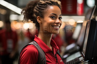 Woman, worker and entrepreneur with smile for management, small business or casino. Positive, confident and proud for retail, restaurant and customer service industry with cash register and counter.
