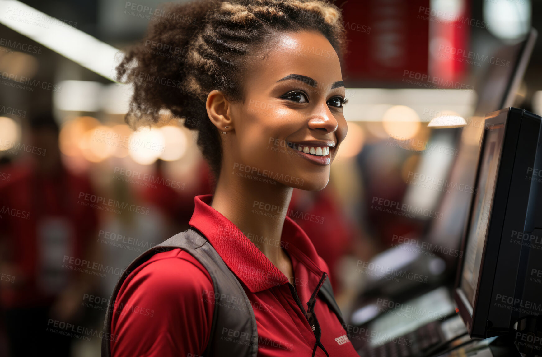 Buy stock photo Woman, worker and  entrepreneur with smile for management, small business or casino. Positive, confident and proud for retail, restaurant and customer service industry with cash register and counter.