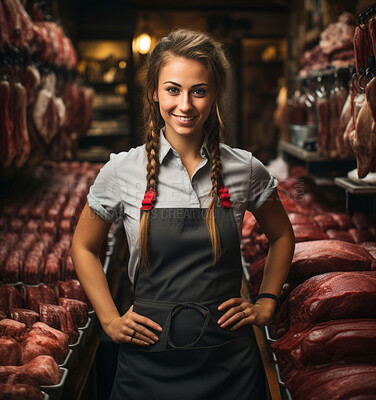 Happy, woman and portrait with smile for management, leadership or business. Positive, confident and proud for butchery, restaurant and meat production in big refrigerator with fresh cold products