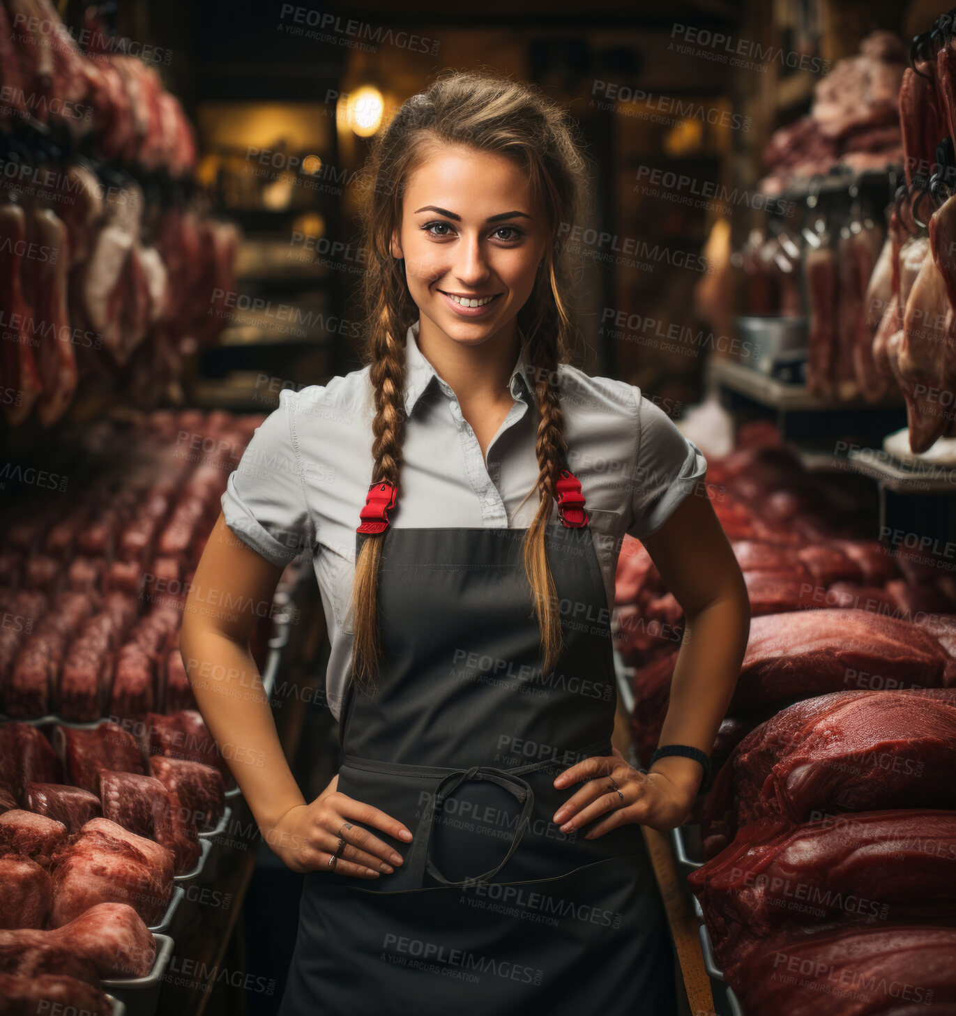 Buy stock photo Happy, woman and portrait with smile for management, leadership or business. Positive, confident and proud for butchery, restaurant and meat production in big refrigerator with fresh cold products