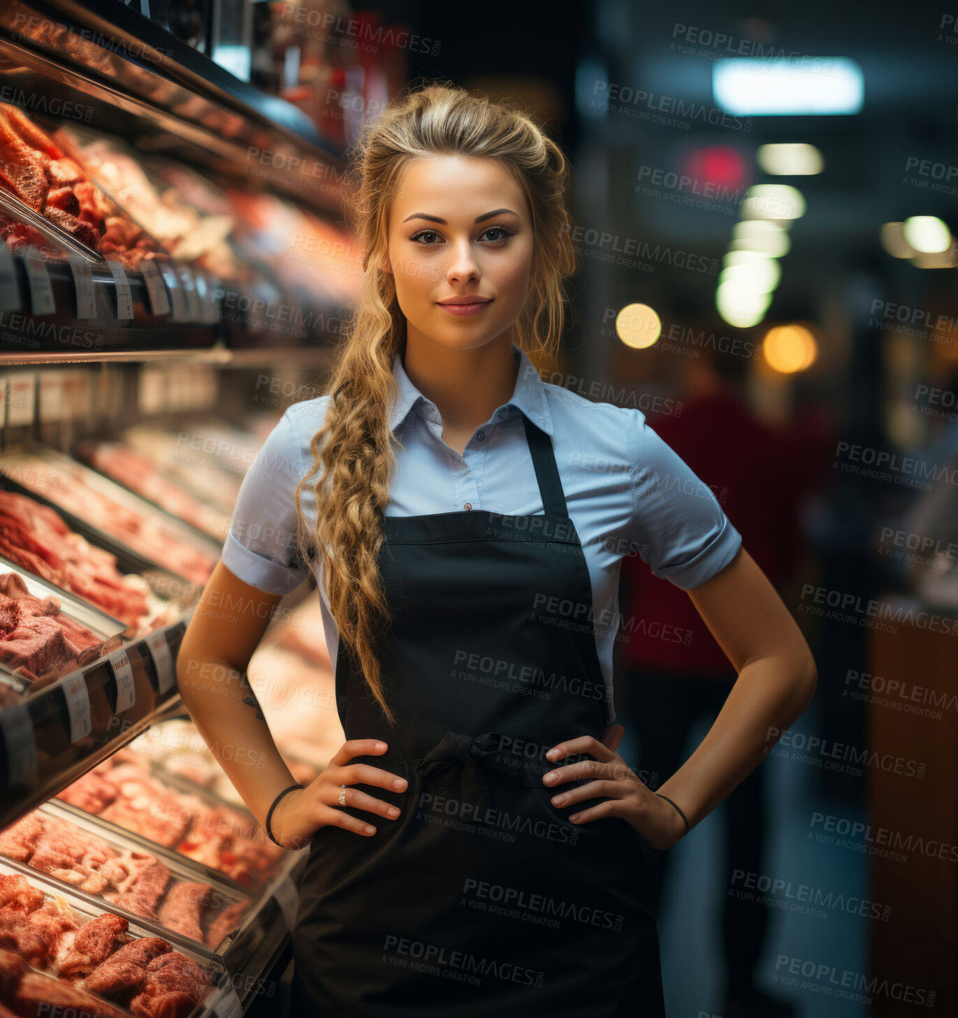 Buy stock photo Happy, woman and portrait with smile for management, leadership or business. Positive, confident and proud for butchery, restaurant and meat production in big refrigerator with fresh cold products