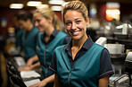 Happy woman, worker and portrait with smile for management, small business or restaurant. Positive, confident and proud for retail, grocery store and service industry with cash register and counter.