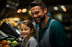 Child, father and cash register with smile for small business, family or grocery store. Positive, happy and proud in retail, restaurant and fresh vegetables in parents workplace for education.