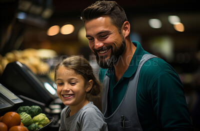 Child, father and cash register with smile for small business, family or grocery store. Positive, happy and proud in retail, restaurant and fresh vegetables in parents workplace for education.