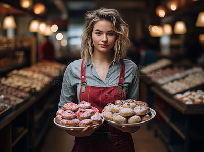Woman, entrepreneur and portrait with donuts for management, small business or leadership. Positive, confident and proud for retail, bakery store and service industry with apron and fresh baked goods