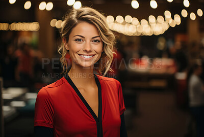 Happy woman, worker and portrait with smile for management, small business or casino staff. Positive, confident and proud person for retail, restaurant and service industry with evening lights