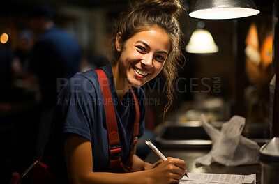 Happy woman, worker and portrait with smile for management, small business or restaurant. Positive, confident and proud for retail, restaurant and service industry with documents and counter.