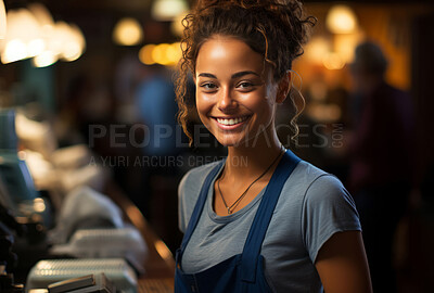 Happy woman, cashier and portrait with smile for management, small business or restaurant. Positive, confident and proud for retail, grocery store and service industry with cash register and counter.