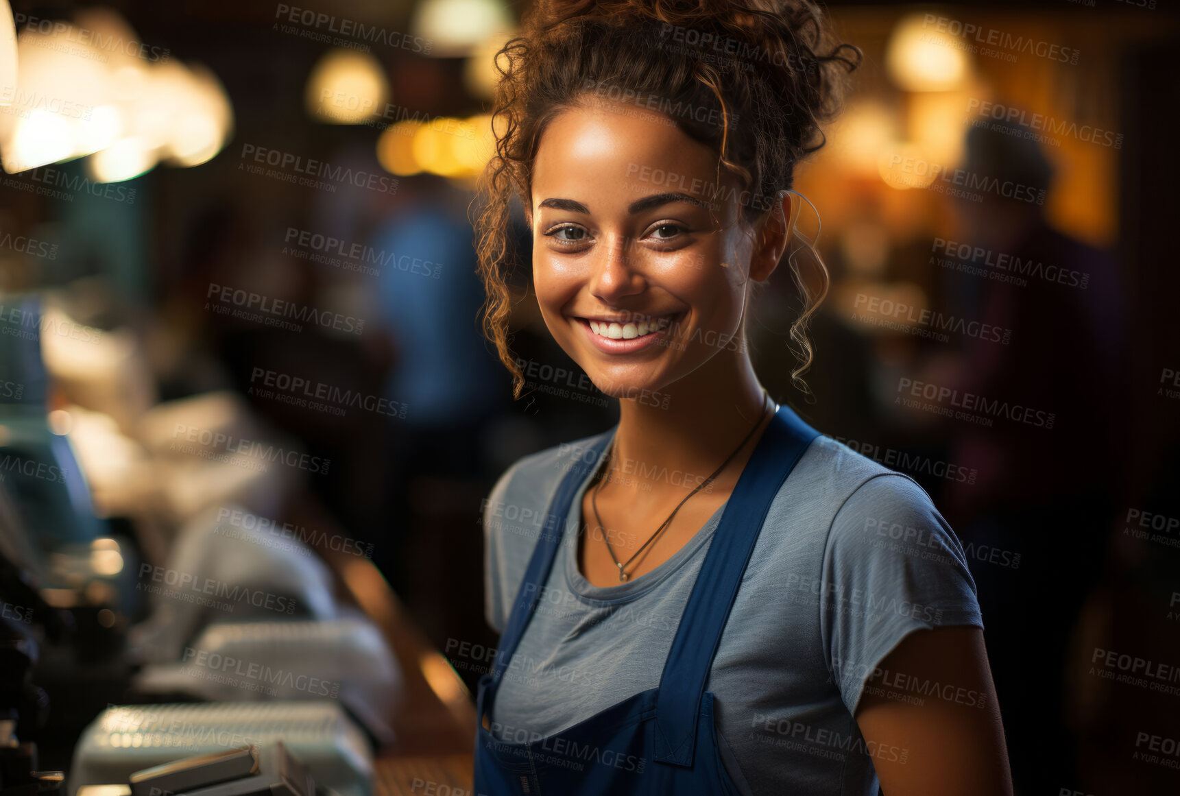 Buy stock photo Happy woman, cashier and portrait with smile for management, small business or restaurant. Positive, confident and proud for retail, grocery store and service industry with cash register and counter.