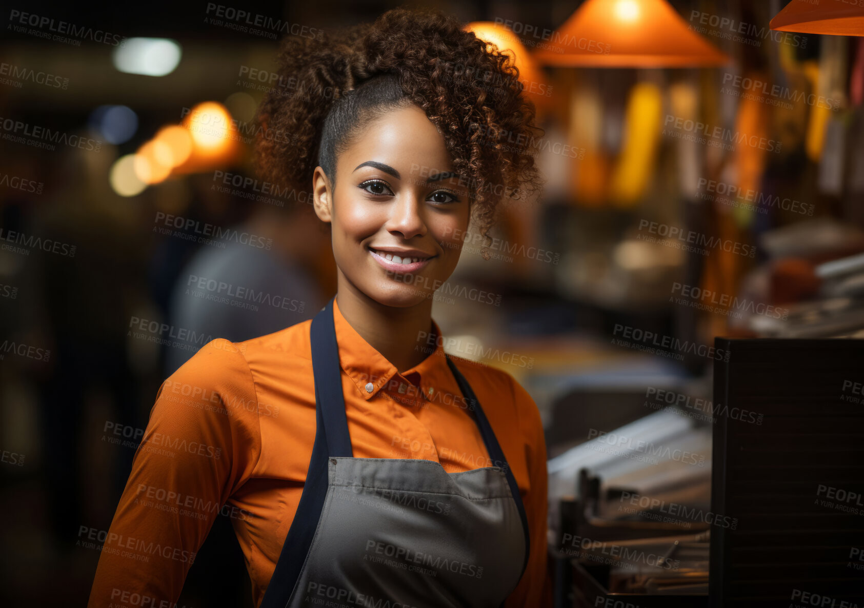 Buy stock photo Happy woman, cashier and portrait with smile for management, small business or restaurant. Positive, confident and proud for retail, grocery store and service industry with cash register and counter.