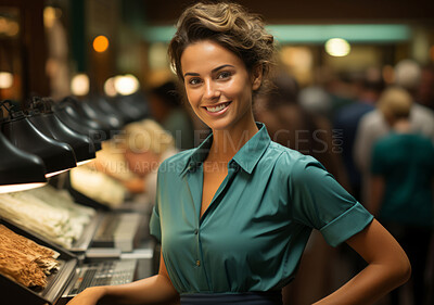 Happy woman, cashier and portrait with smile for management, small business or restaurant. Positive, confident and proud for retail, grocery store and service industry with ovens and counter.