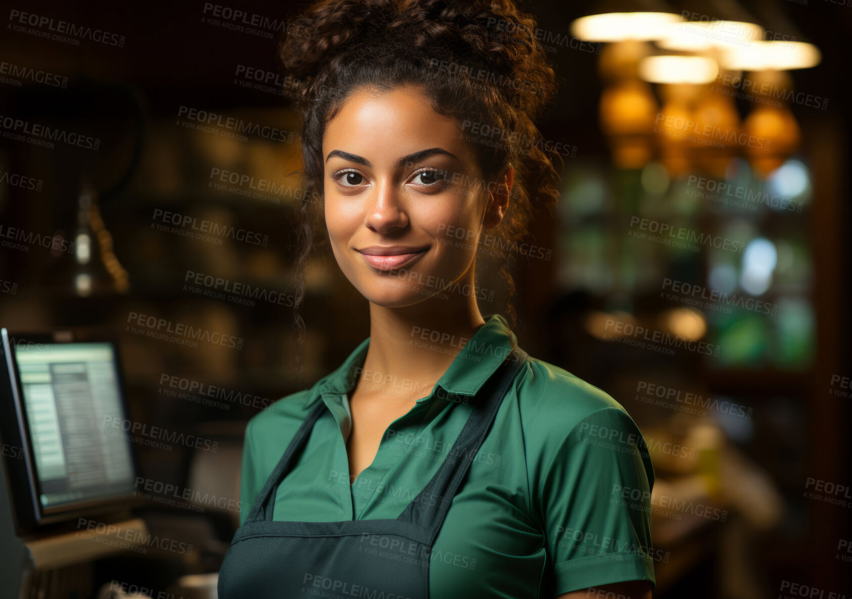 Buy stock photo Happy woman, cashier and portrait with smile for management, small business or restaurant. Positive, confident and proud for retail, grocery store and service industry with cash register and counter.