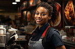 Happy, african american woman and portrait with smile for management, leadership or business. Positive, confident and proud for kitchen, restaurant and customer service with counter and busy background