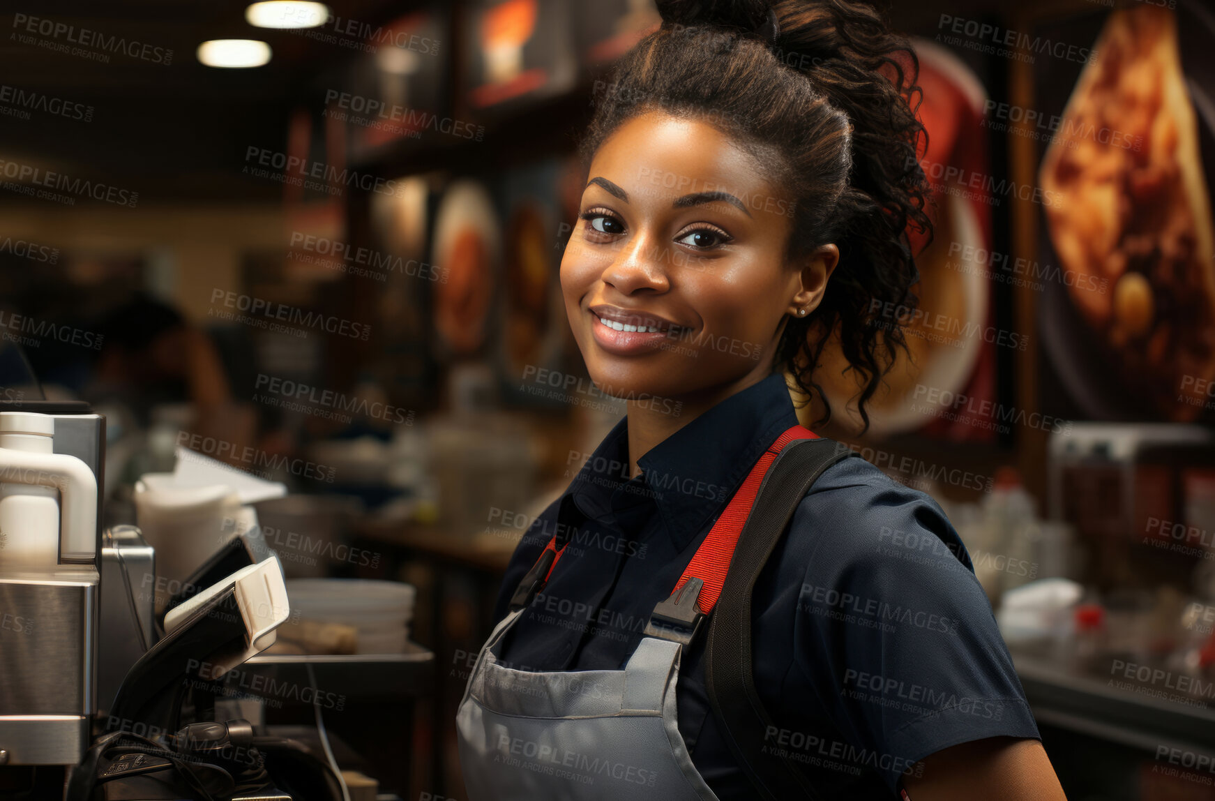 Buy stock photo Happy, african american woman and portrait with smile for management, leadership or business. Positive, confident and proud for kitchen, restaurant and customer service with counter and busy background