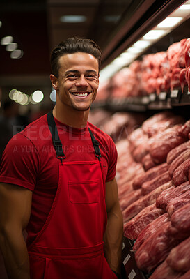 Happy, man and portrait with smile for management, leadership or business. Positive, confident and proud for food, restaurant and meat production in big refrigerator with fresh protein products
