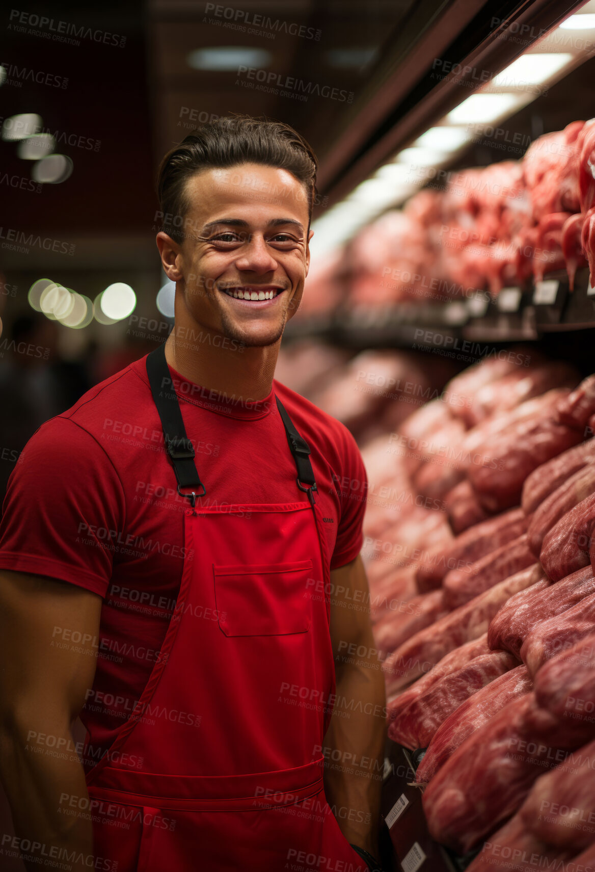 Buy stock photo Happy, man and portrait with smile for management, leadership or business. Positive, confident and proud for food, restaurant and meat production in big refrigerator with fresh protein products