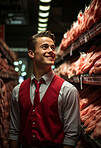 Happy, man and portrait with smile for management, leadership or business. Positive, confident and proud for food, restaurant and meat production in big refrigerator with fresh protein products